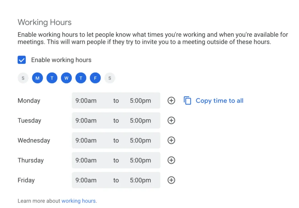 google calendar tips - enable working hours